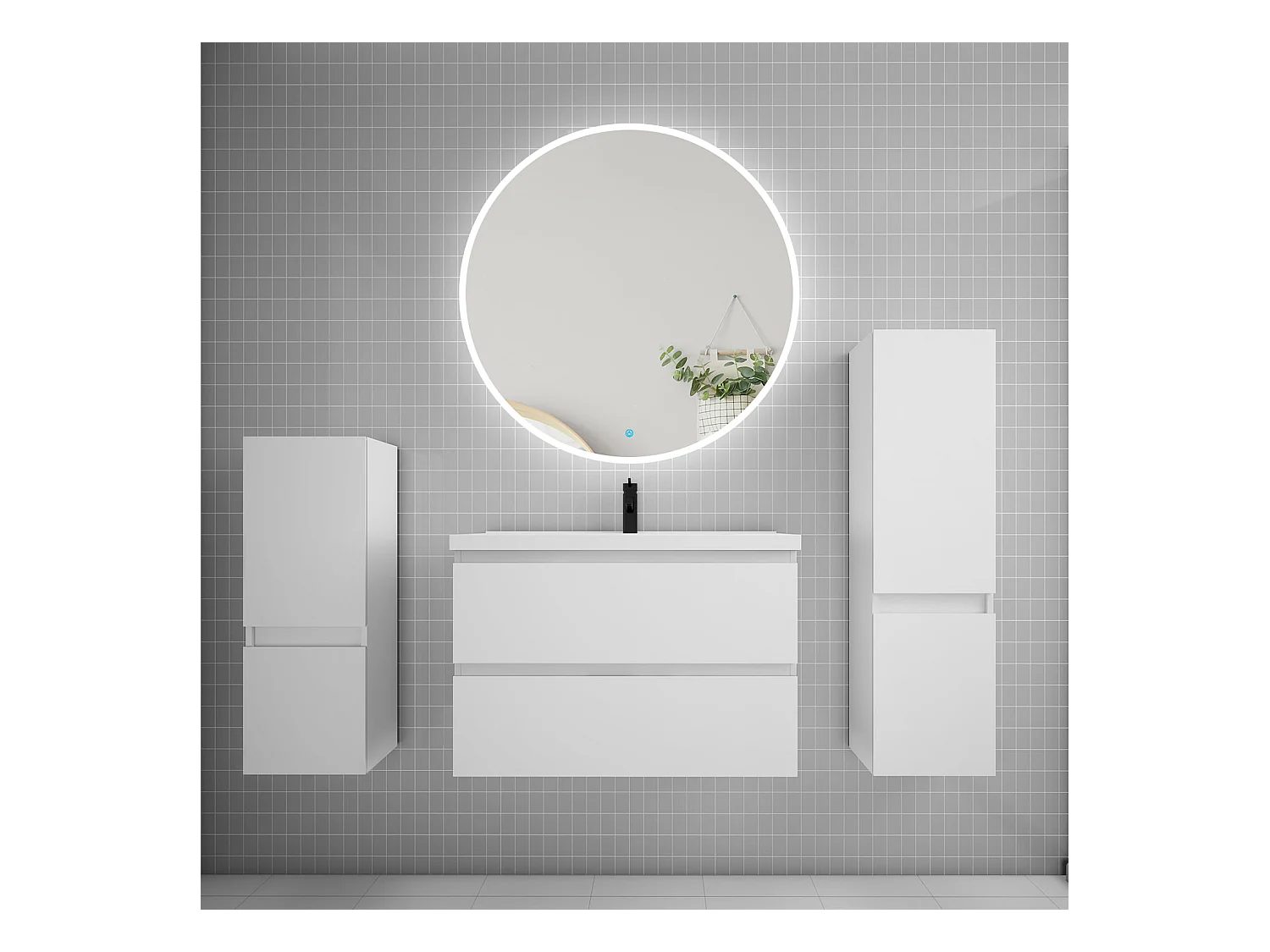 AICA Ensemble meuble de salle de bain Vasque L.79cm 2 tiroirs + lavabo + LED Miroir Rond 90cm + 2*Colonne,Blanc