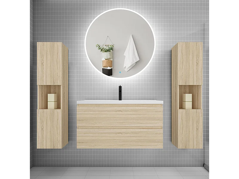 AICA Ensemble meuble de salle de bain Vasque L.99cm 2 tiroirs + lavabo + LED Miroir Rond 100cm + 2*Colonne, Chêne