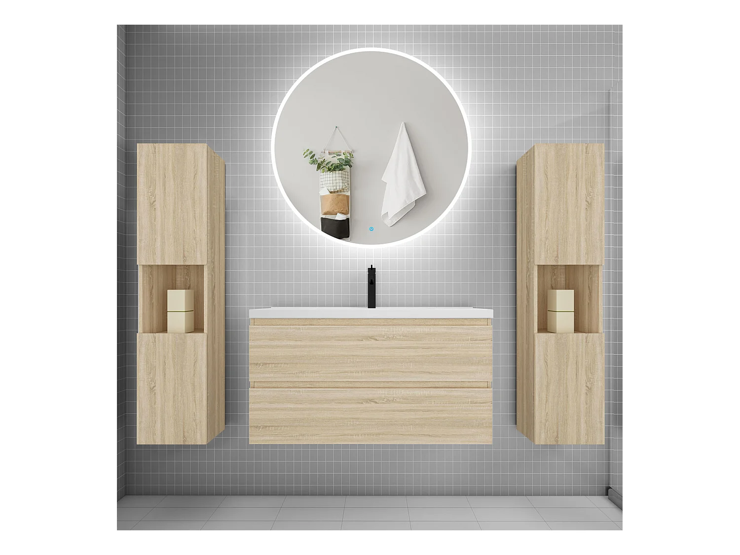 AICA Ensemble meuble de salle de bain Vasque L.99cm 2 tiroirs + lavabo + LED Miroir Rond 100cm + 2*Colonne, Chêne