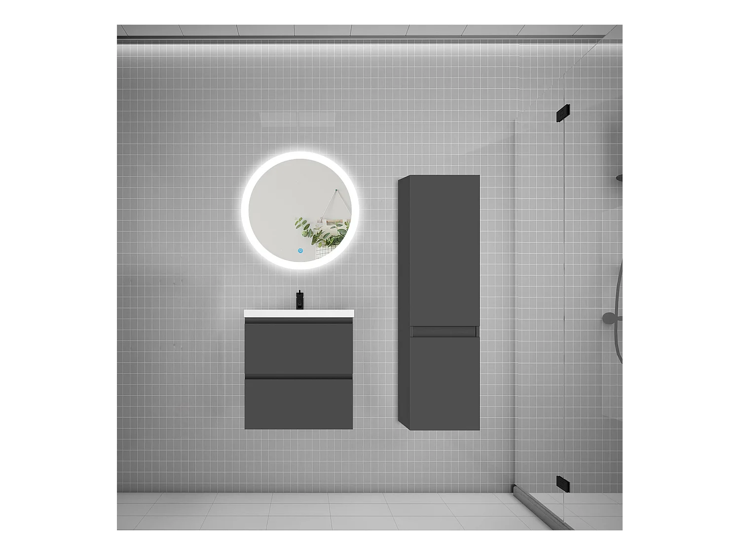 AICA Ensemble meuble de salle de bain Vasque L.50cm 2 tiroirs + lavabo + LED Miroir Rond 60cm + Colonne, Anthracite