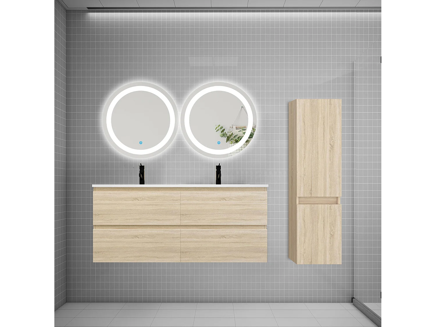 Ensemble meuble double vasque L.120cm 4 tiroirs + lavabo + 2*LED miroirs rond 60cm + colonne C,chêne,easy
