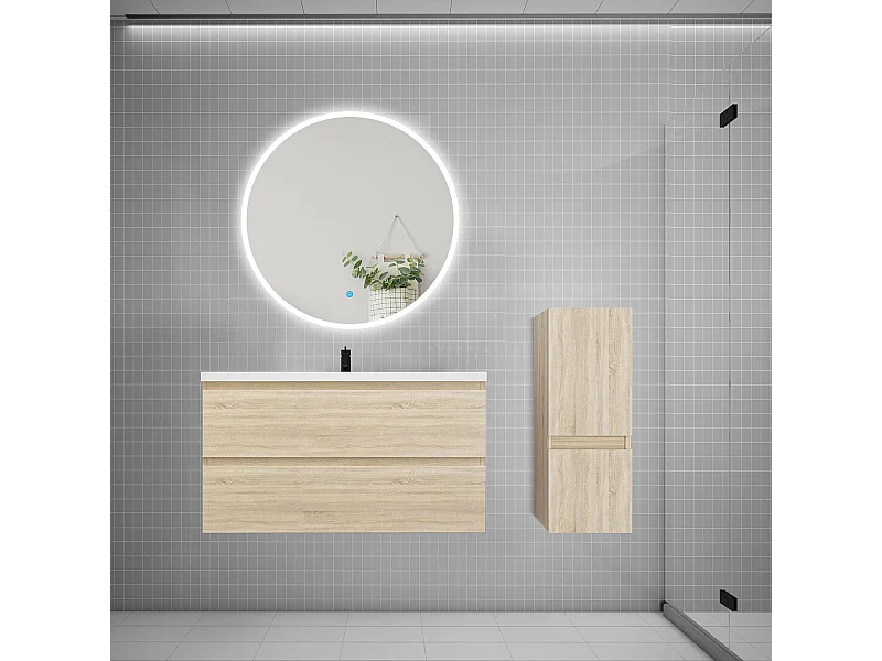 AICA Ensemble meuble de salle de bain Vasque L.99cm 2 tiroirs + lavabo + LED Miroir Rond 90cm + Colonne, Chêne