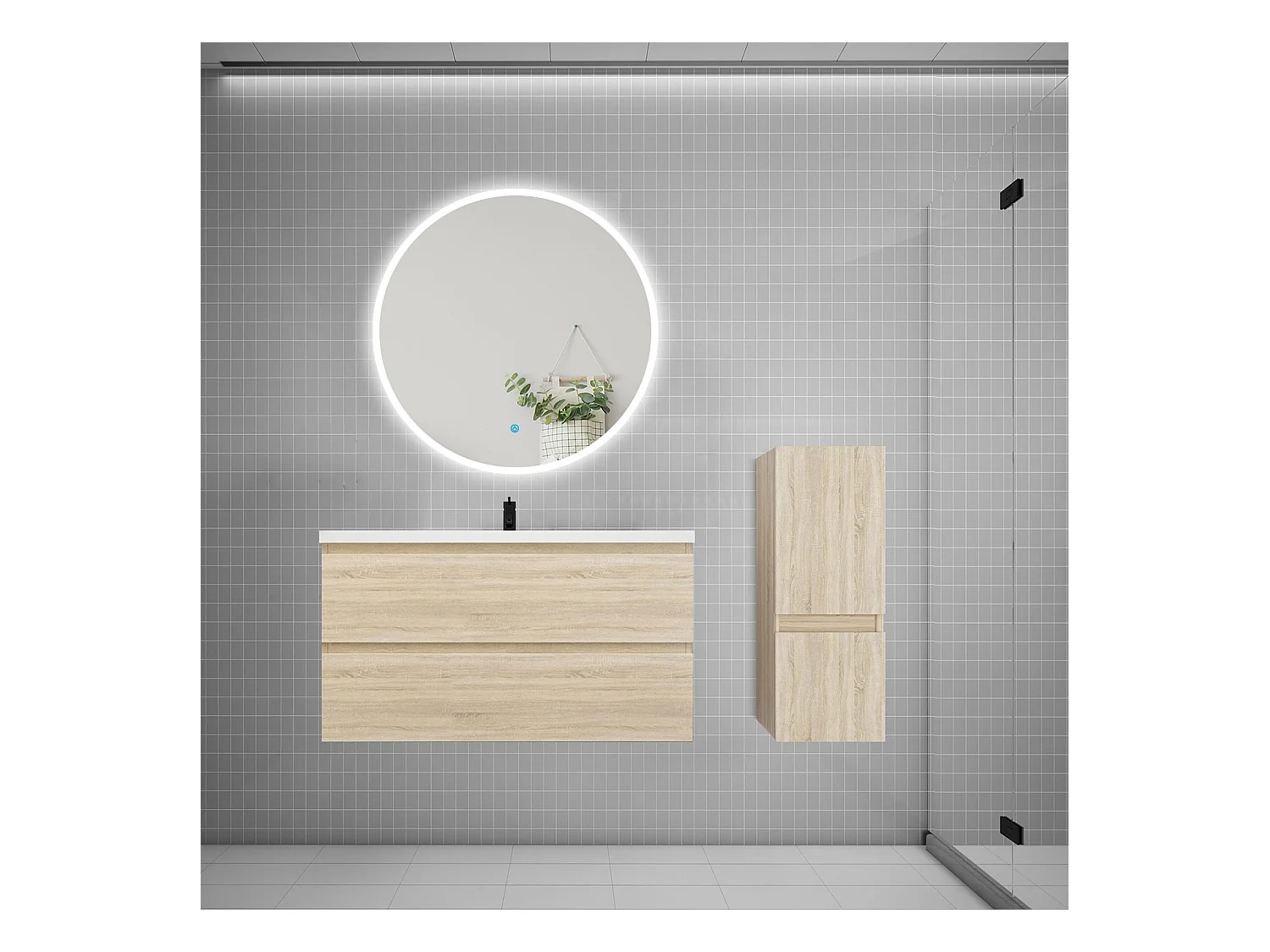 AICA Ensemble meuble de salle de bain Vasque L.99cm 2 tiroirs + lavabo + LED Miroir Rond 90cm + Colonne, Chêne