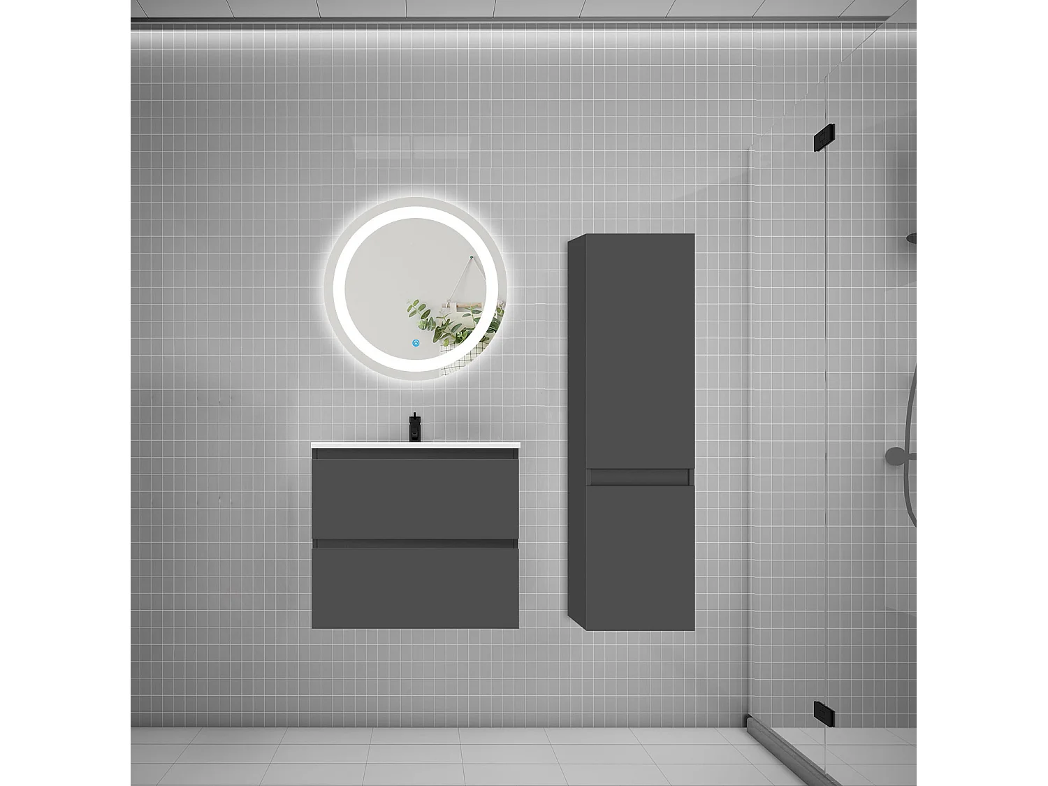 Ensemble meuble vasque L.60cm 2 tiroirs + lavabo + LED miroir rond 60cm + colonne,anthracite easy