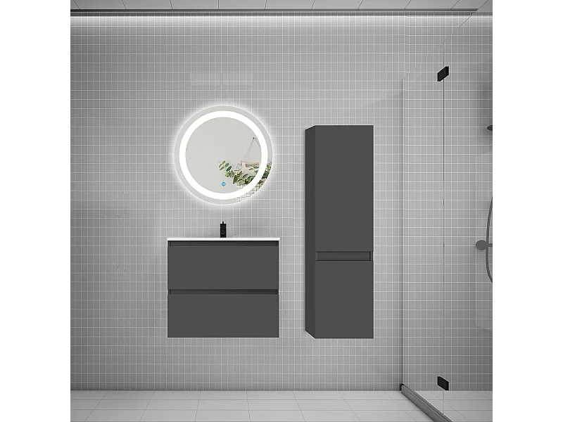 Ensemble meuble vasque L.60cm 2 tiroirs + lavabo + LED miroir rond 60cm + colonne,anthracite easy