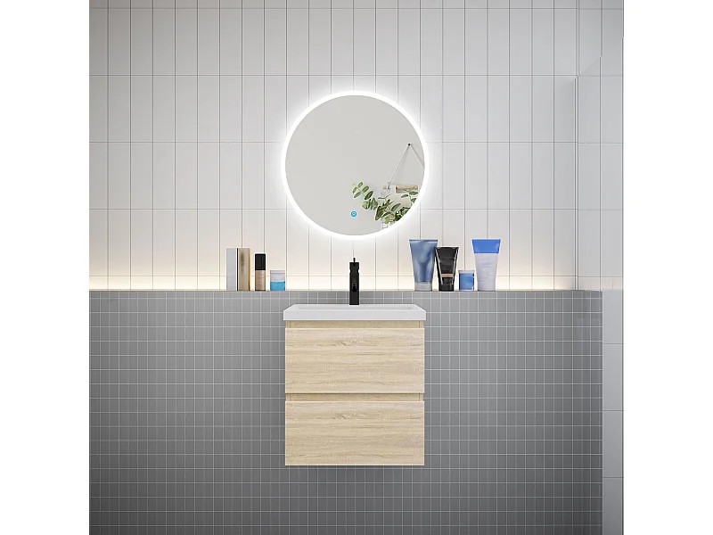 AICA Ensemble meuble de salle de bain Vasque L.50cm 2 tiroirs + lavabo + LED Miroir Rond 60cm, Blanc