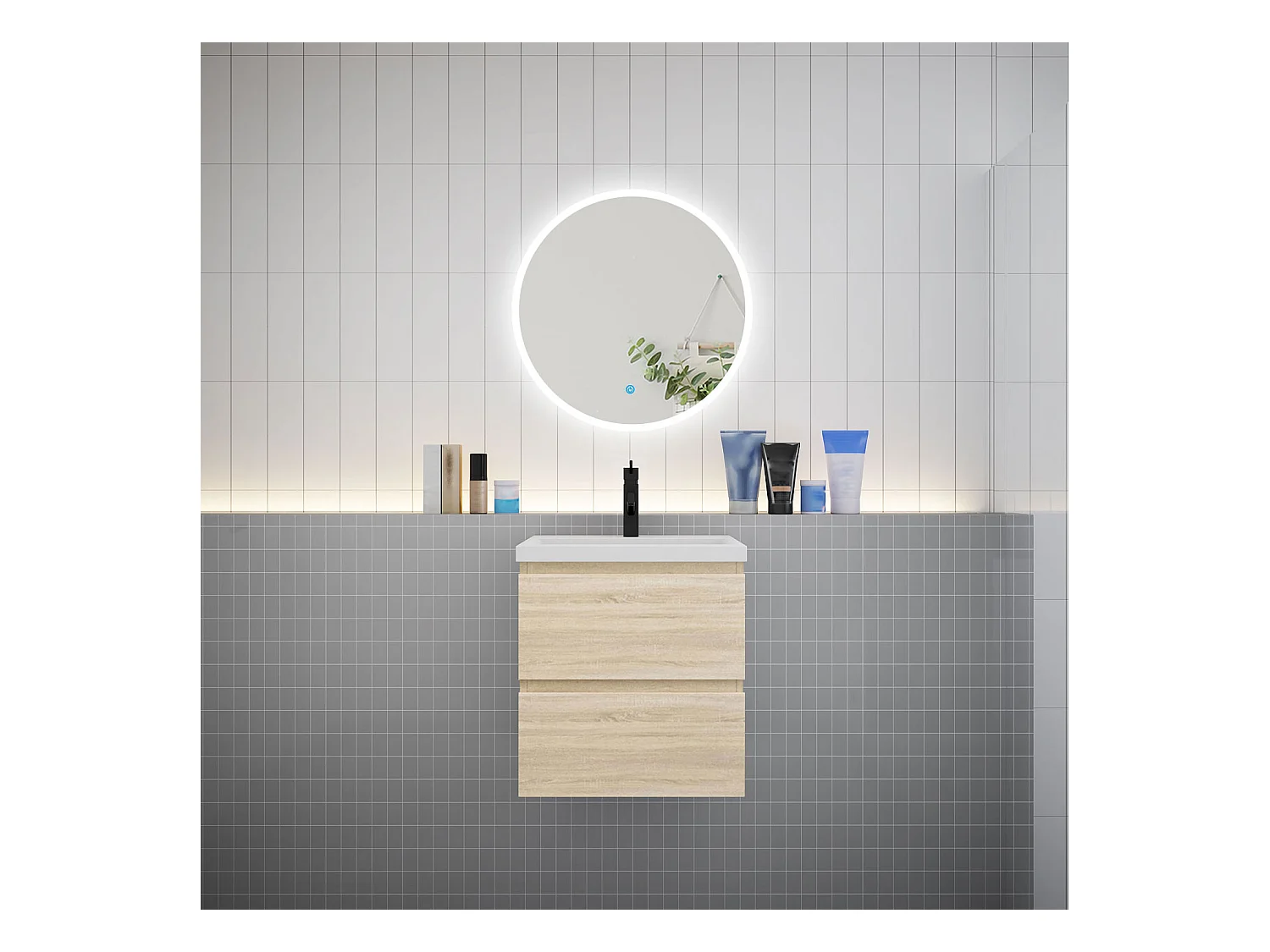 AICA Ensemble meuble de salle de bain Vasque L.50cm 2 tiroirs + lavabo + LED Miroir Rond 60cm, Blanc