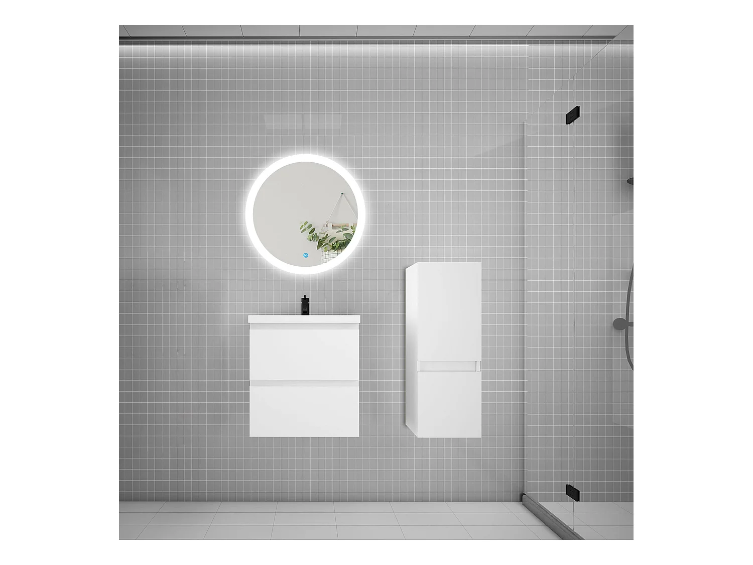 AICA Ensemble meuble de salle de bain Vasque 50cm + 2 tiroirs + lavabo + LED Miroir Rond 60cm + Colonne,Chêne