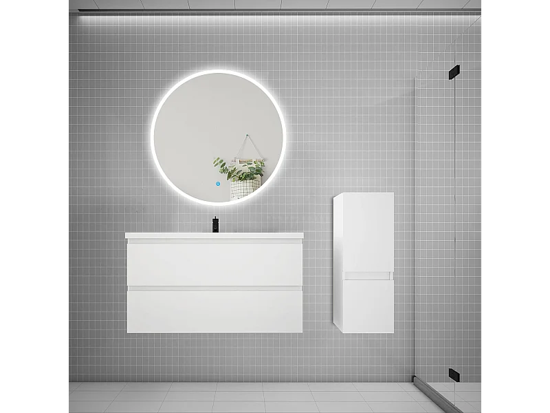 AICA Ensemble meuble de salle de bain Vasque L.99cm 2 tiroirs + lavabo + LED Miroir Rond 90cm + Colonne,Blanc
