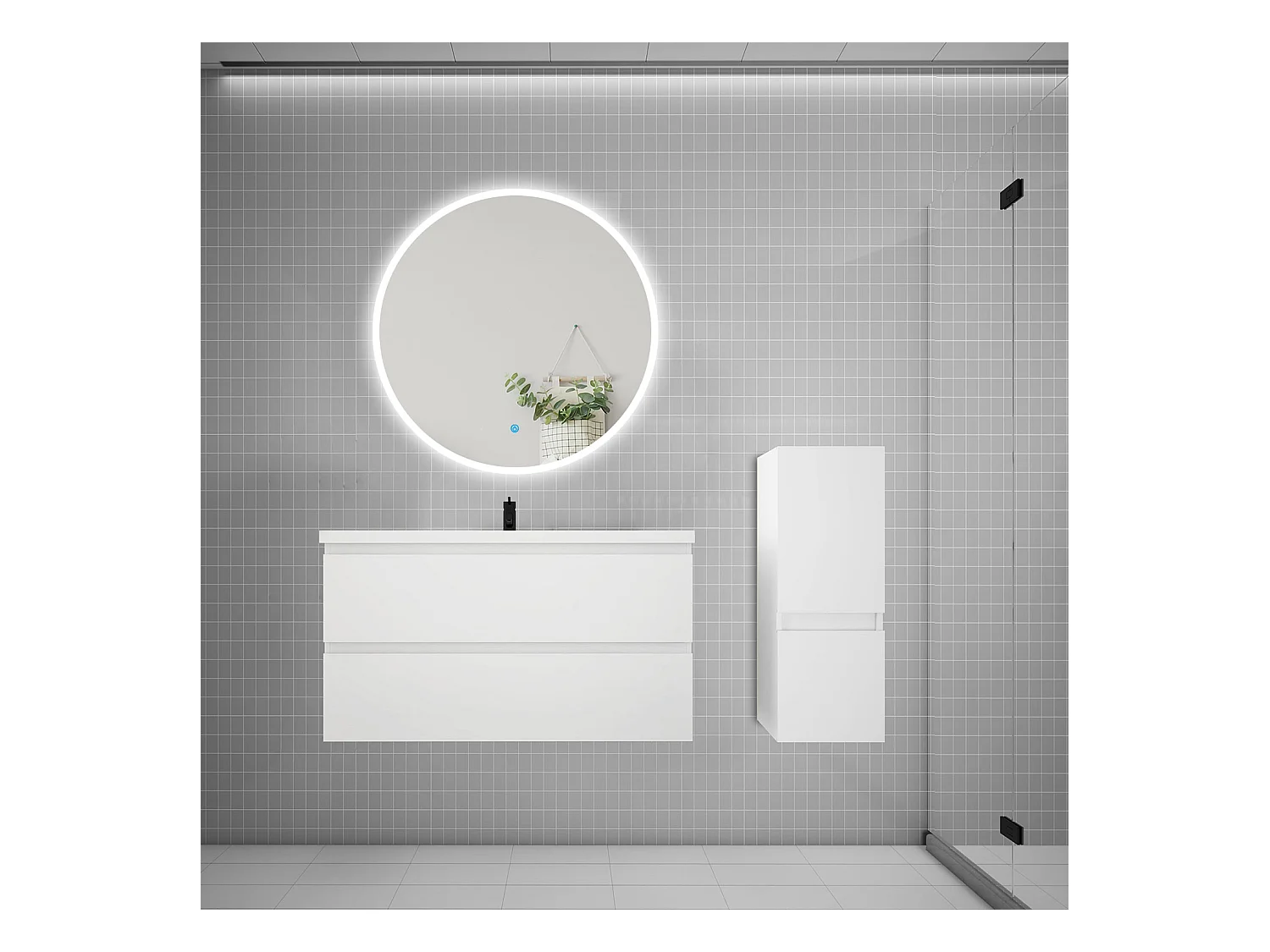 AICA Ensemble meuble de salle de bain Vasque L.99cm 2 tiroirs + lavabo + LED Miroir Rond 90cm + Colonne,Blanc