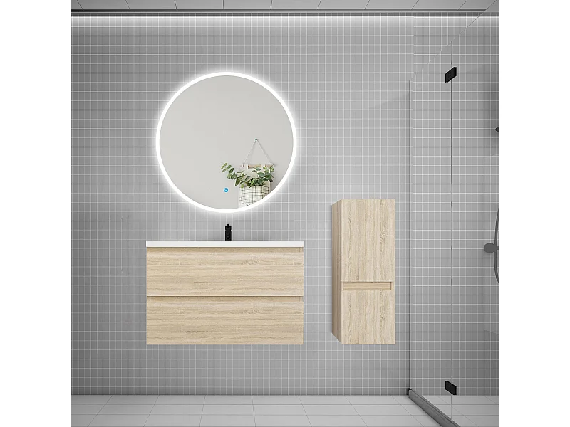 Ensemble meuble vasque L.79cm 2 tiroirs + lavabo + LED miroir rond 90cm + colonne,chêne