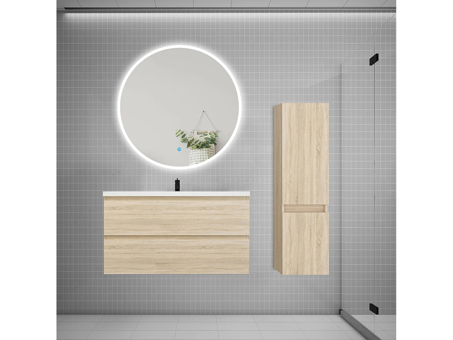 Ensemble meuble vasque L.99cm 2 tiroirs + lavabo + LED miroir rond 100cm + colonne C,chêne