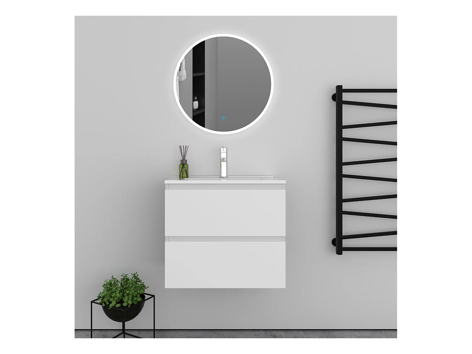 AICA Ensemble meuble de salle de bain Vasque L.60cm 2 tiroirs + lavabo + LED Miroir Rond 60cm,Blanc