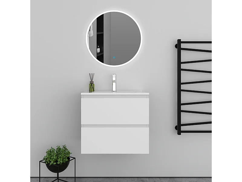 Ensemble meuble vasque L.60cm 2 tiroirs + lavabo + LED miroir rond 60cm,blanc,modèle A