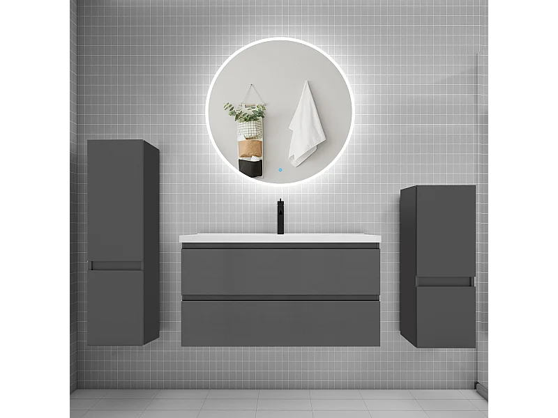 AICA Ensemble meuble de salle de bain Vasque L.99cm 2 tiroirs + lavabo + LED Miroir Rond 90cm + 2*Colonne, Anthracite