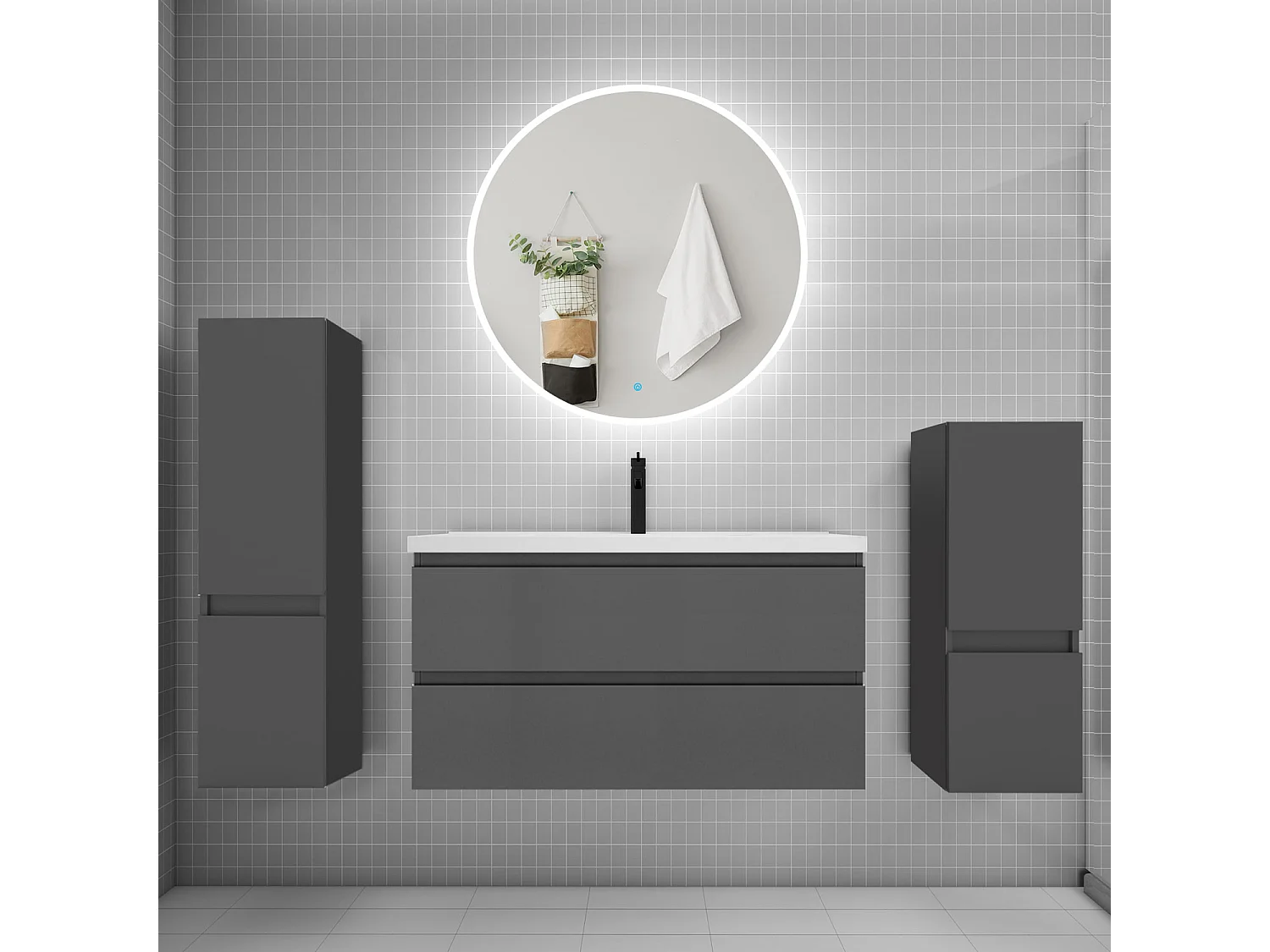 Ensemble meuble vasque L.99cm 2 tiroirs + lavabo + LED miroir rond 90cm + 2*colonne,anthracite