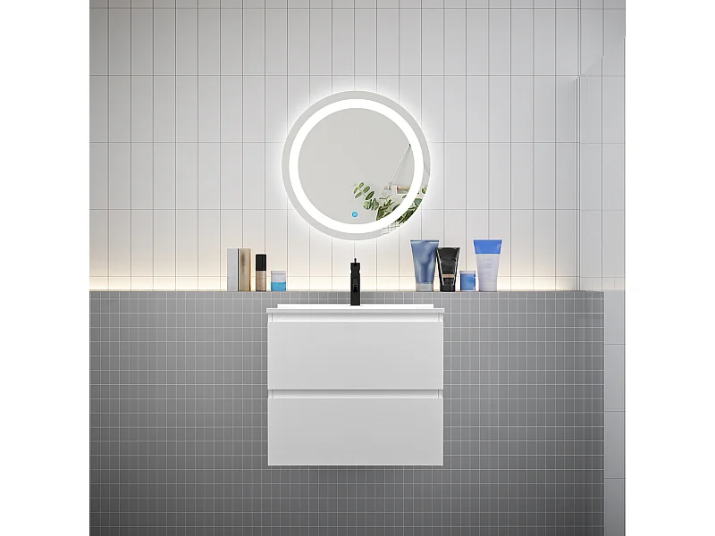 AICA Ensemble meuble de salle de bain 60cm meuble Vasque 2 tiroirs + lavabo + LED Miroir Rond 60cm,Blanc
