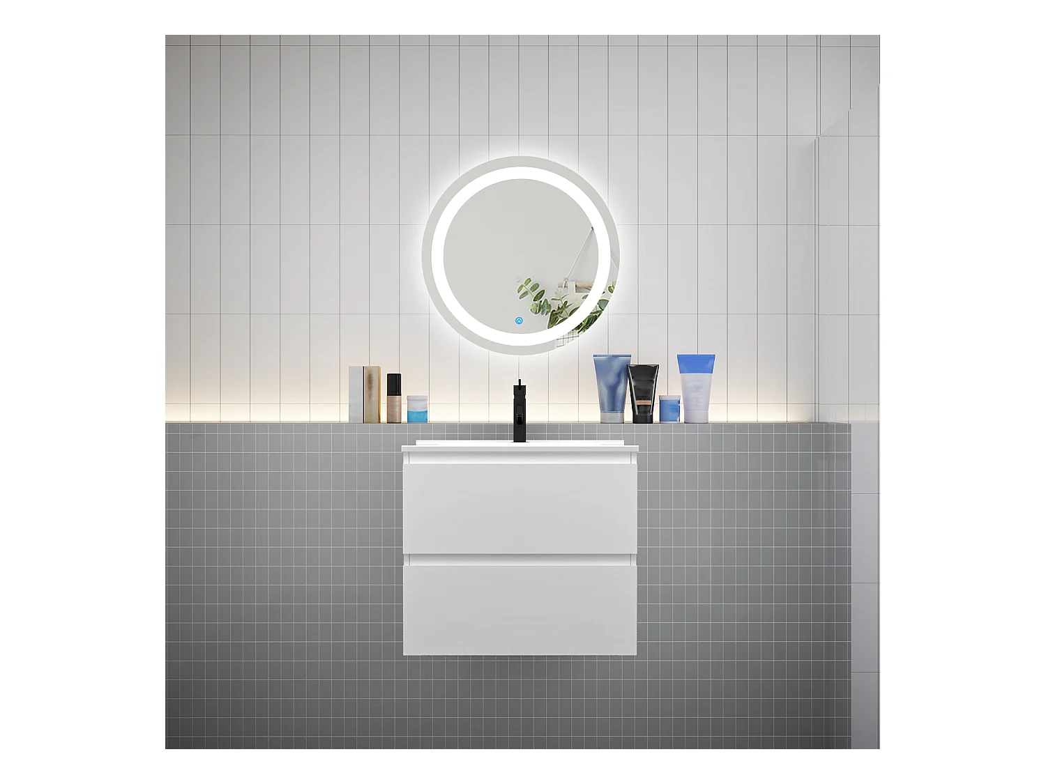 AICA Ensemble meuble de salle de bain 60cm meuble Vasque 2 tiroirs + lavabo + LED Miroir Rond 60cm,Blanc