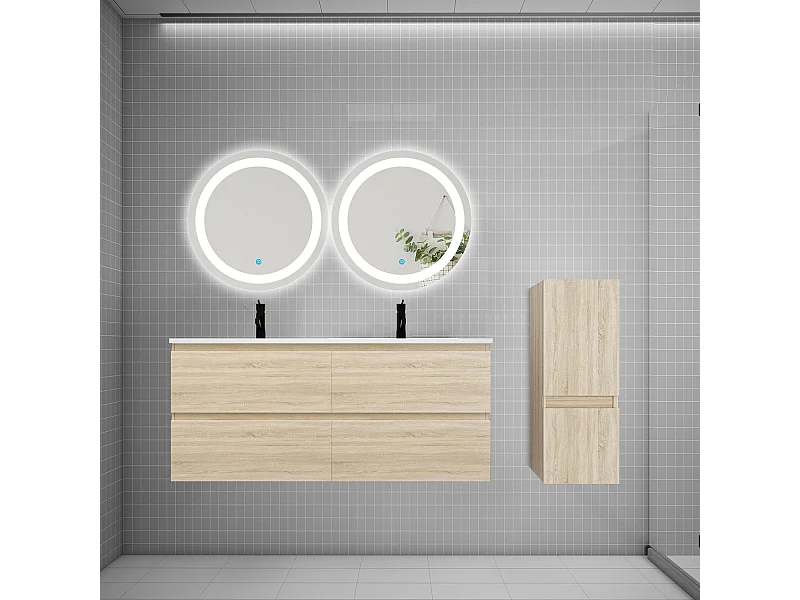 AICA Ensemble meuble de salle de bain double Vasque 120cm + 4 tiroirs + lavabo + 2*LED Miroirs Rond 60cm + Colonne, Chêne