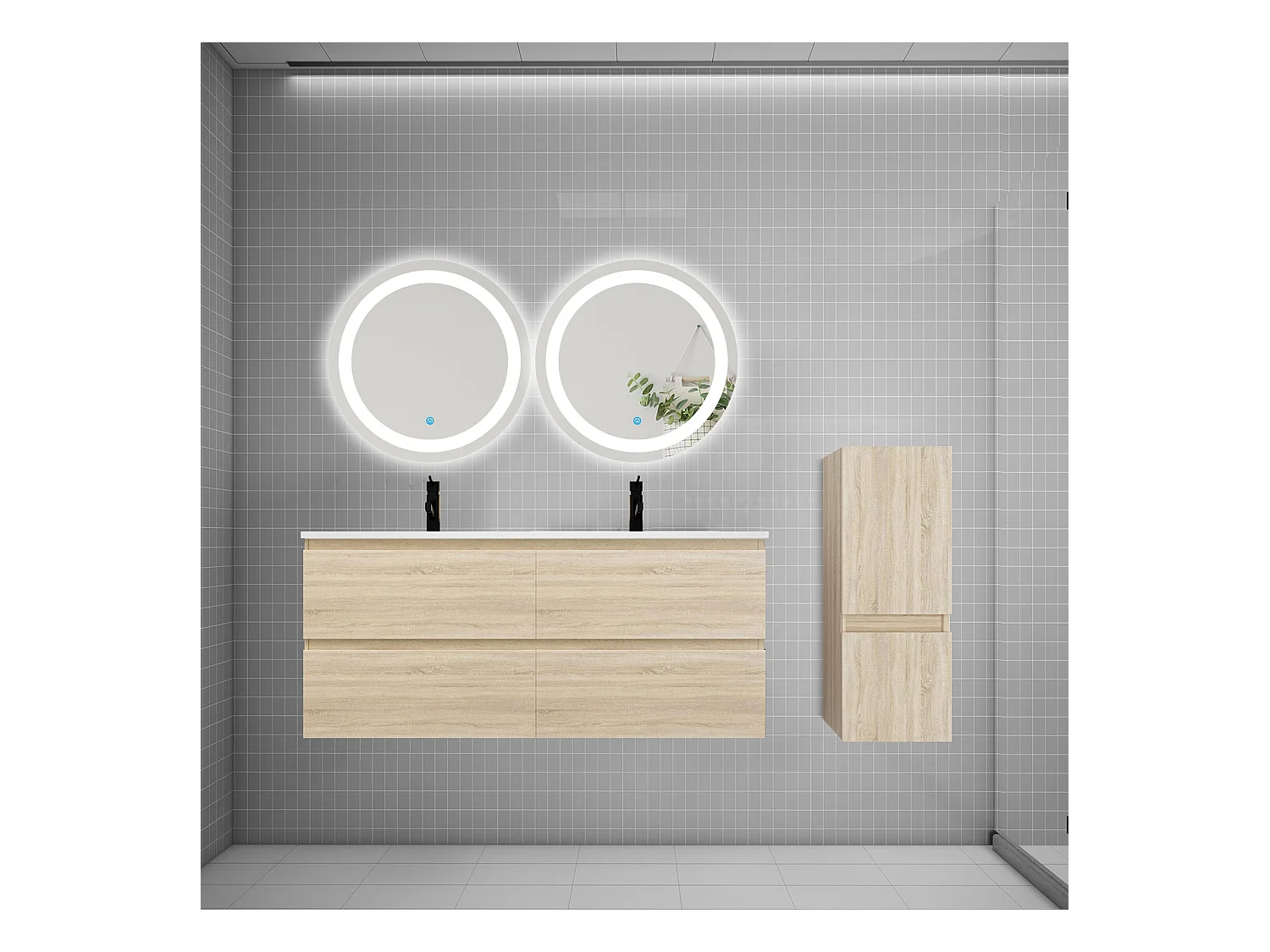 AICA Ensemble meuble de salle de bain double Vasque 120cm + 4 tiroirs + lavabo + 2*LED Miroirs Rond 60cm + Colonne, Chêne