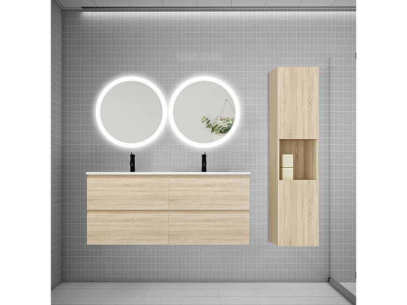 AICA Ensemble meuble de salle de bain double Vasque 120cm avec 4 tiroirs + lavabo + 2*LED Miroirs Rond 60cm + Colonne, Chêne