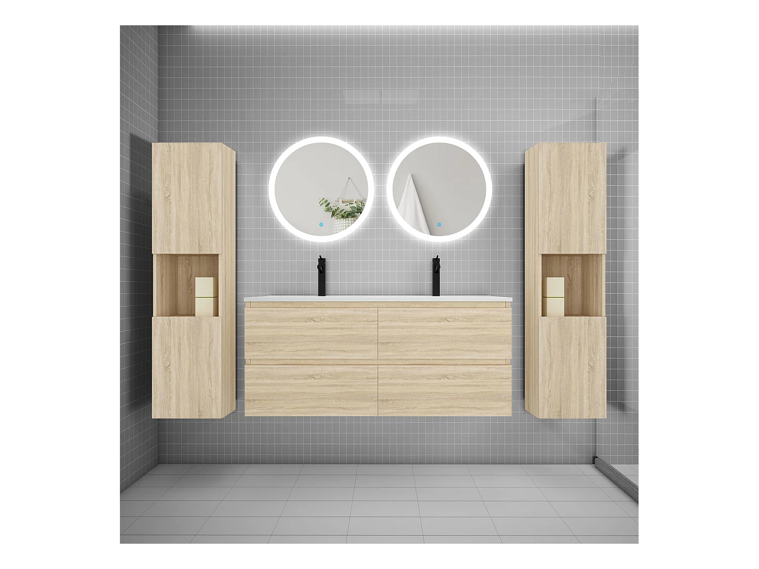 AICA Ensemble meuble de salle de bain double Vasque 120cm avec 4 tiroirs + lavabo + 2*LED Miroirs Rond 60cm + 2*Colonne, Chêne