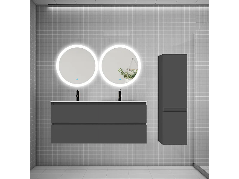 AICA Ensemble meuble de salle de bain double Vasque 120cm avec 4 tiroirs + lavabo + 2*LED Miroirs Rond 60cm + Colonne, Anthracite