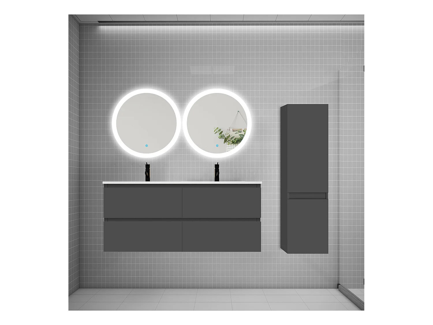 AICA Ensemble meuble de salle de bain double Vasque 120cm avec 4 tiroirs + lavabo + 2*LED Miroirs Rond 60cm + Colonne, Anthracite