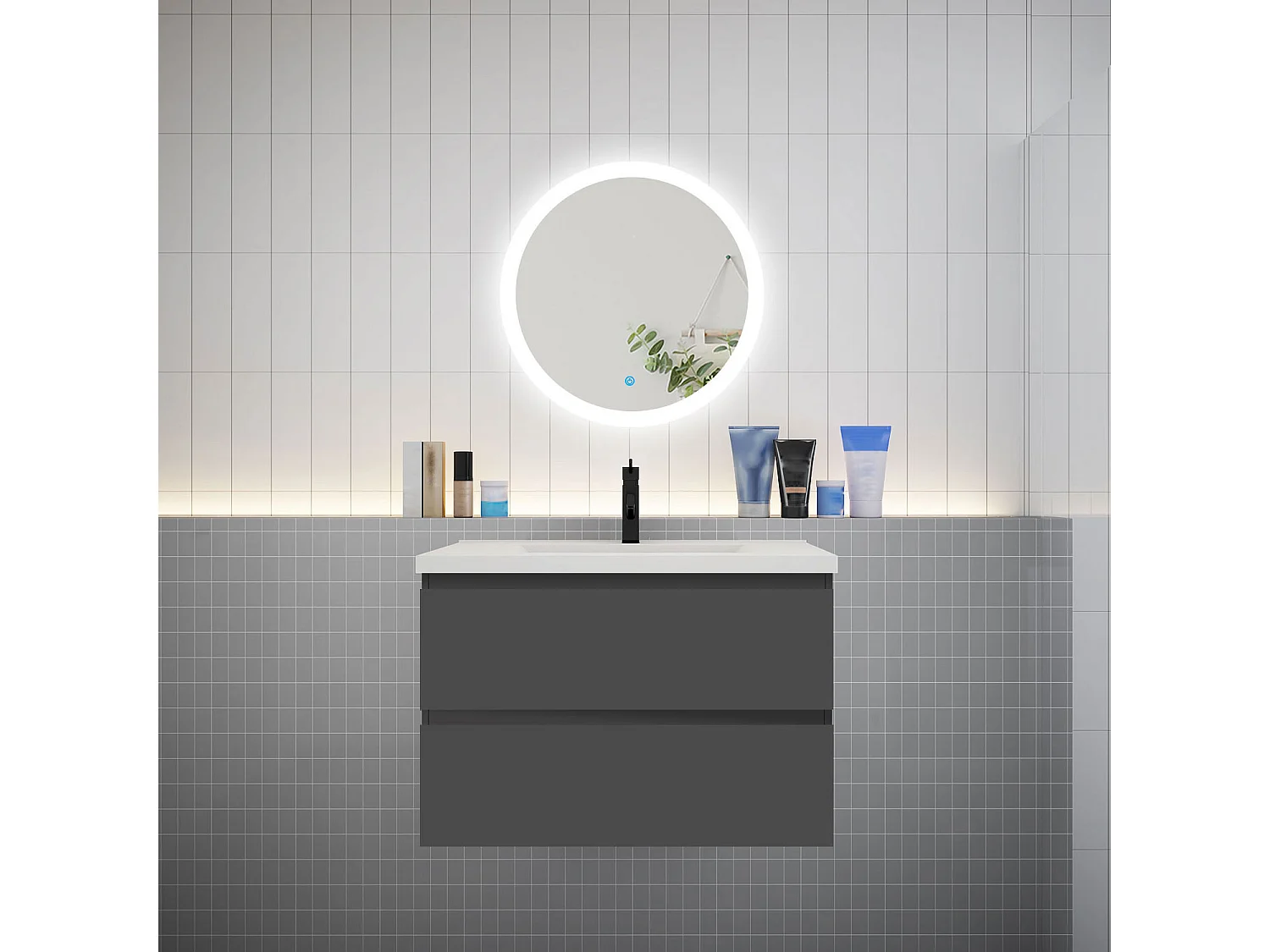 Ensemble meuble vasque L.79cm 2 tiroirs + lavabo + LED miroir rond 60cm,anthracite,aica