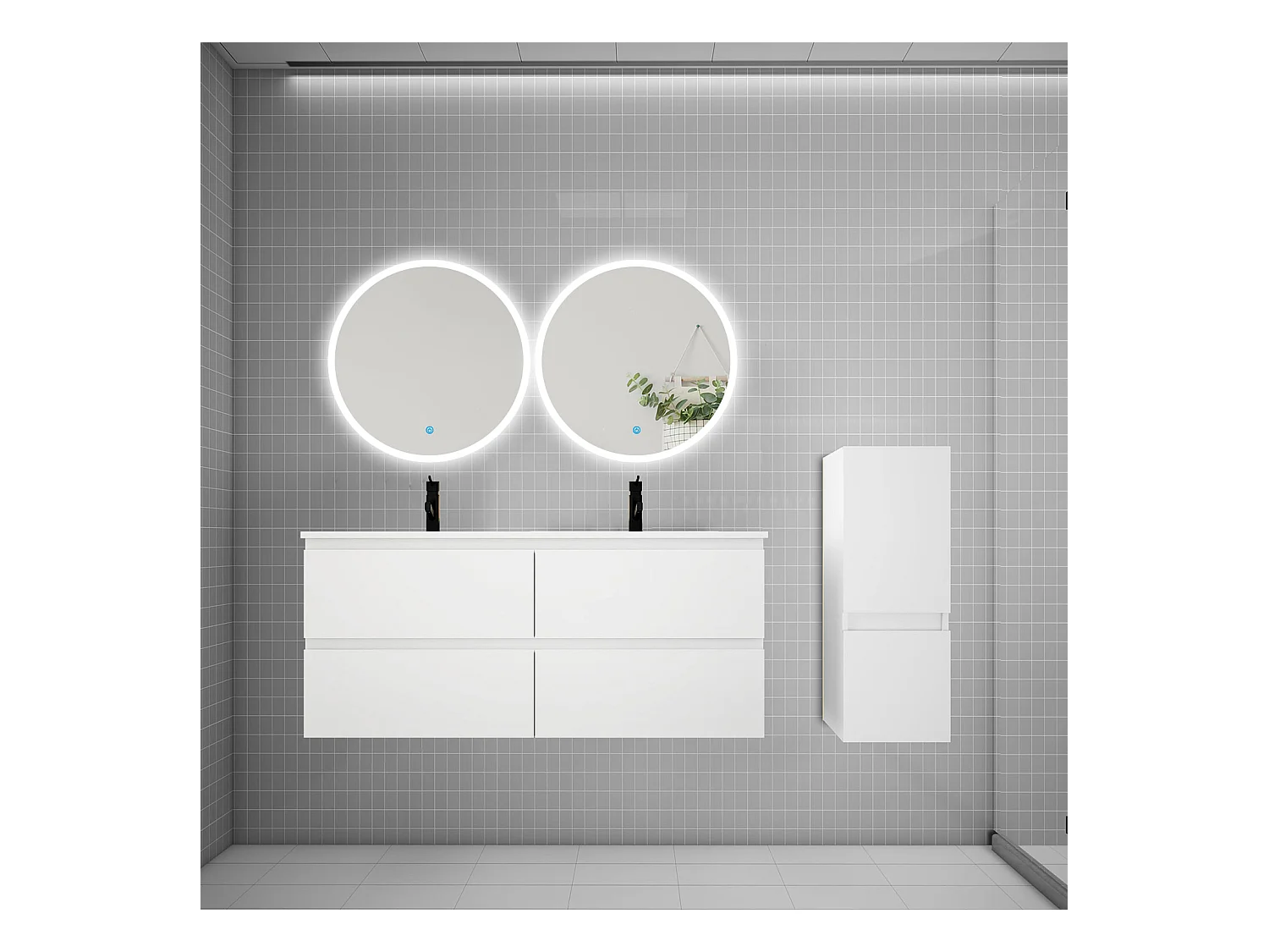 AICA Ensemble meuble de salle de bain double Vasque L.120cm 4 tiroirs + lavabo + 2*LED Miroirs Rond 60cm + Colonne,Blanc