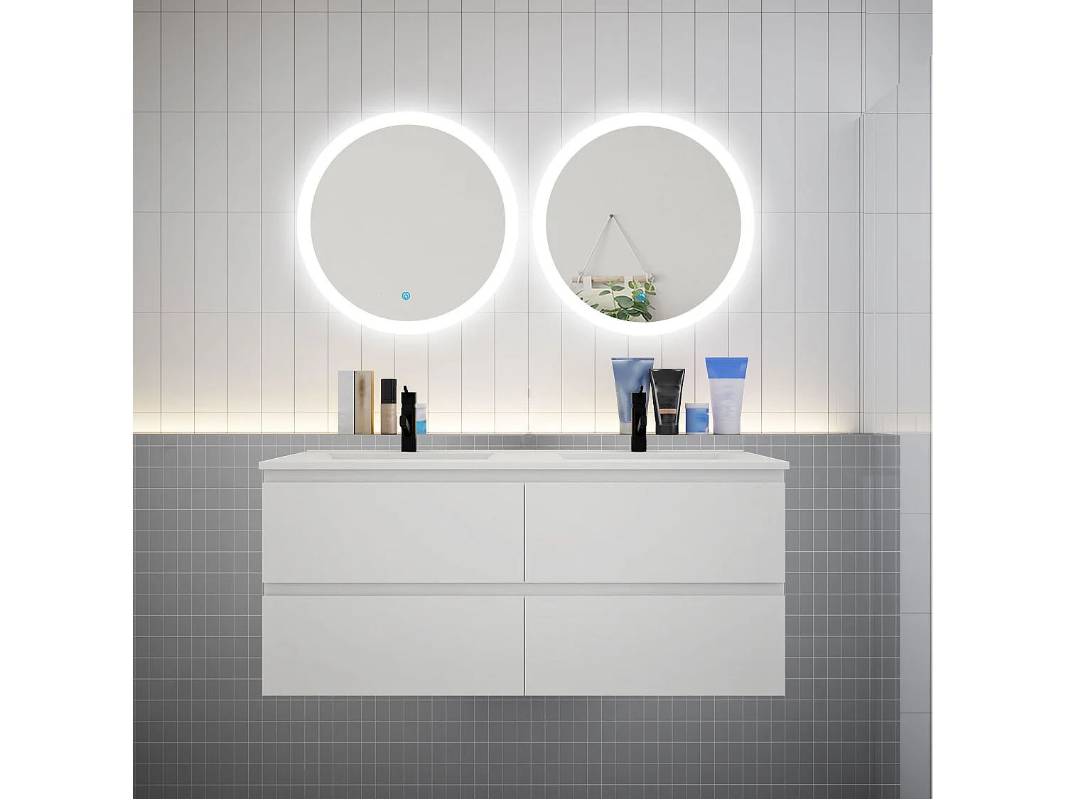 Ensemble meuble double vasque L.120cm 4 tiroirs + lavabo + 2 LED miroirs rond 60cm,blanc,aica