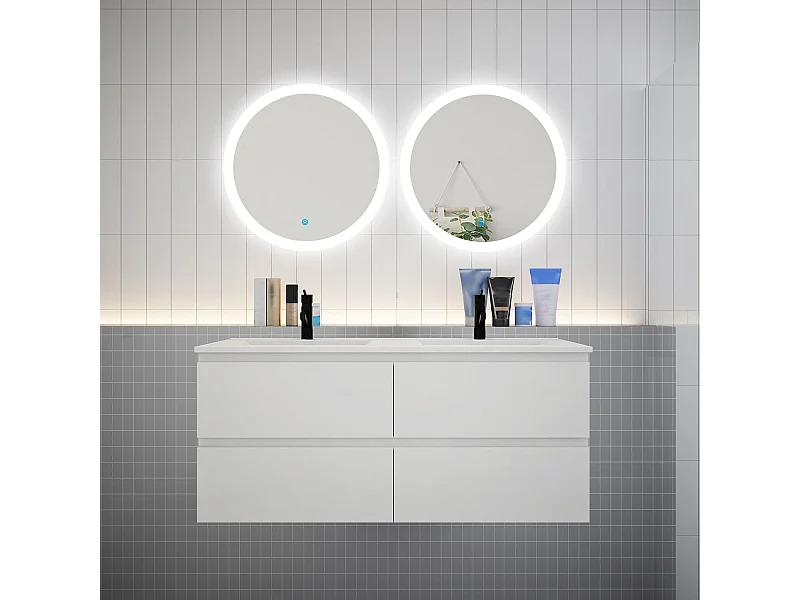 Ensemble meuble double vasque L.120cm 4 tiroirs + lavabo + 2 LED miroirs rond 60cm,blanc,aica