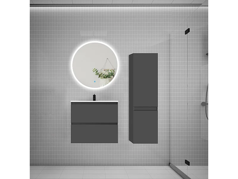 AICA Ensemble meuble de salle de bain Vasque L.60cm 2 tiroirs + lavabo + LED Miroir Rond 70cm + Colonne, Anthracite