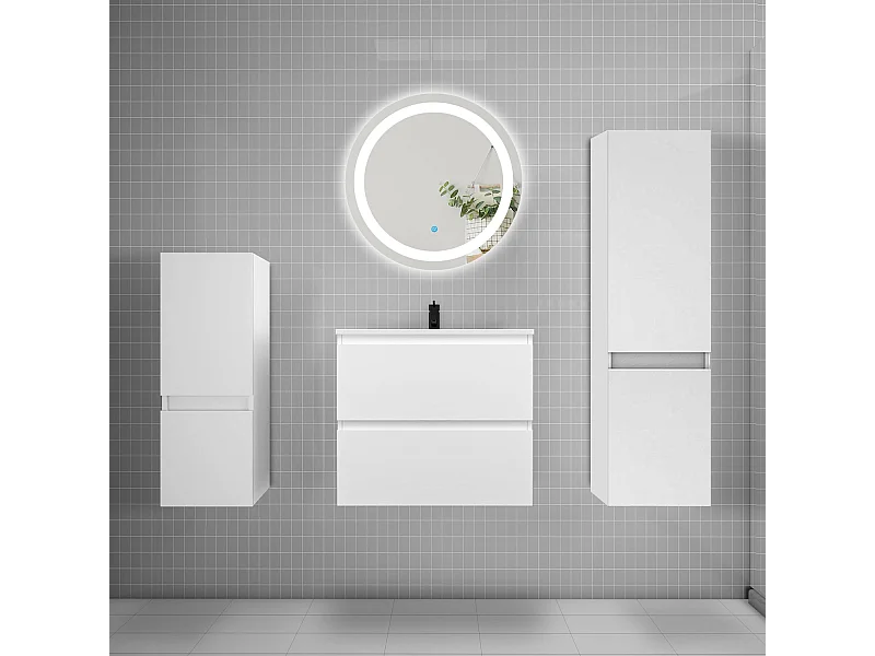 AICA Ensemble meuble de salle de bain Vasque 60cm + 2 tiroirs + lavabo + LED Miroir 60cm + 2*Colonne,Blanc