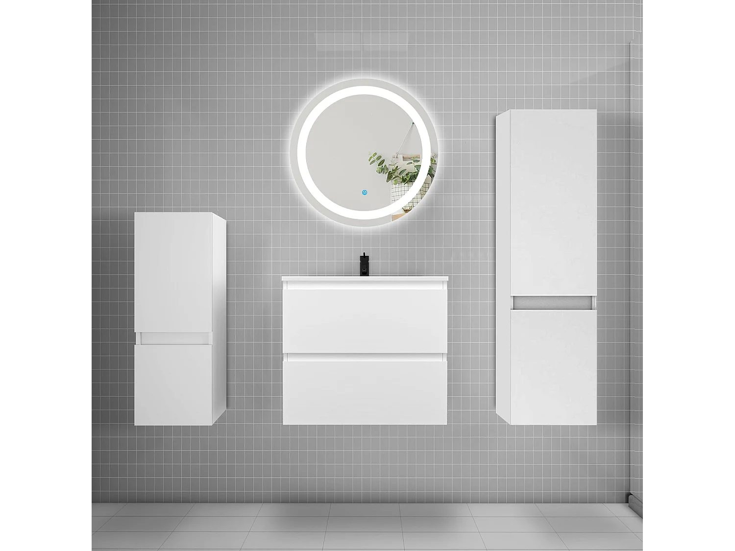 Ensemble meuble vasque L.60cm 2 tiroirs + lavabo + LED miroir 60cm + 2*colonne,blanc A