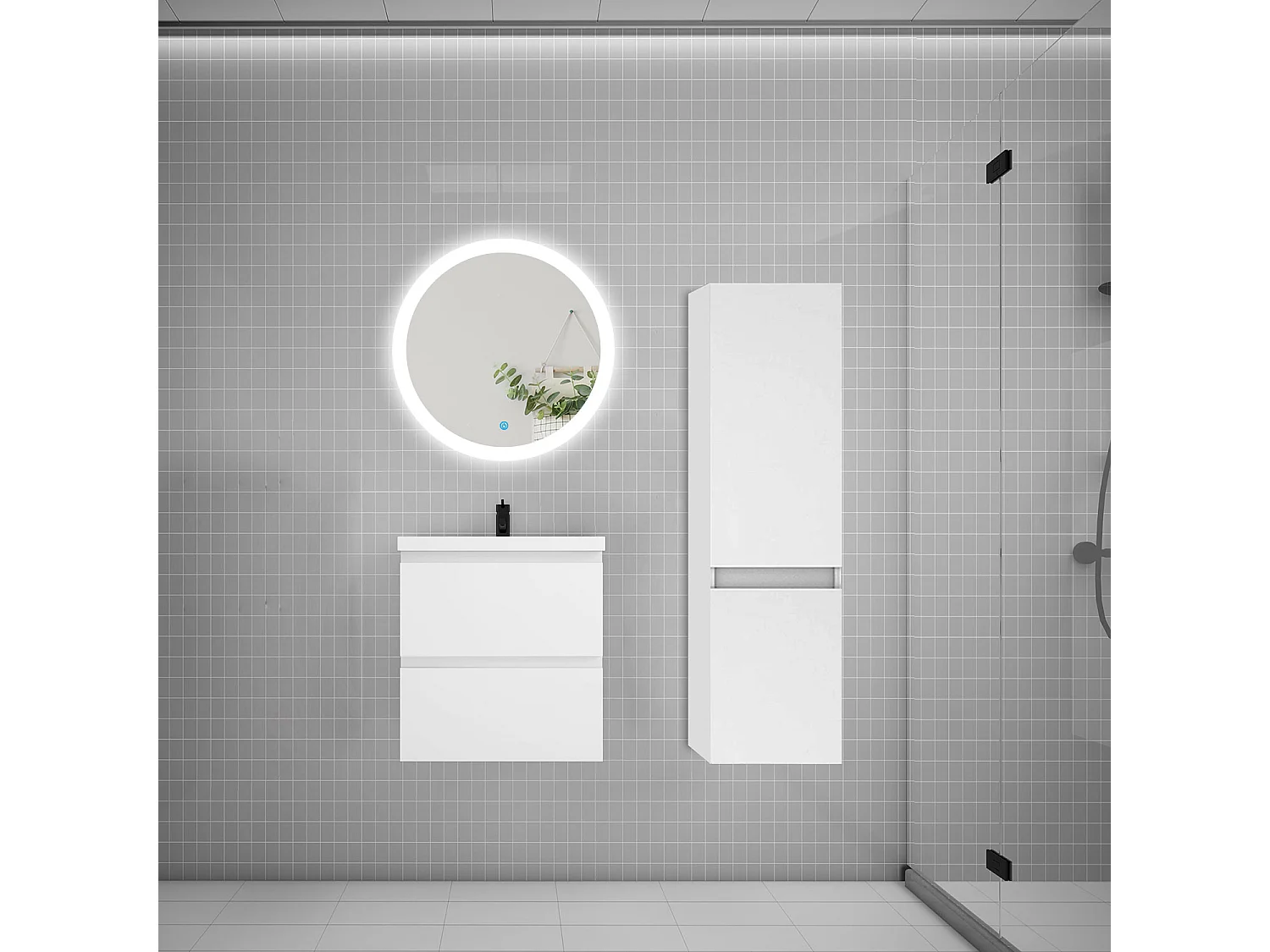 Ensemble meuble vasque L.50cm 2 tiroirs + lavabo + LED miroir rond 60cm + colonne A,blanc aica