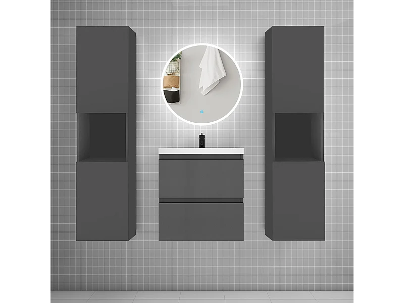 AICA Ensemble meuble de salle de bain Vasque L.50cm 2 tiroirs + lavabo + LED Miroir Rond 60cm + 2 * Colonne,Anthracite