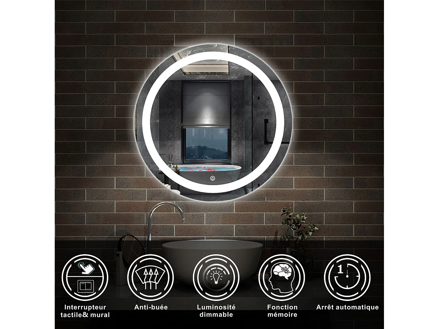 Ensemble meuble double vasque L.120cm 4 tiroirs + lavabo + 2*LED miroirs rond 60cm + 2*colonne,blanc,aica