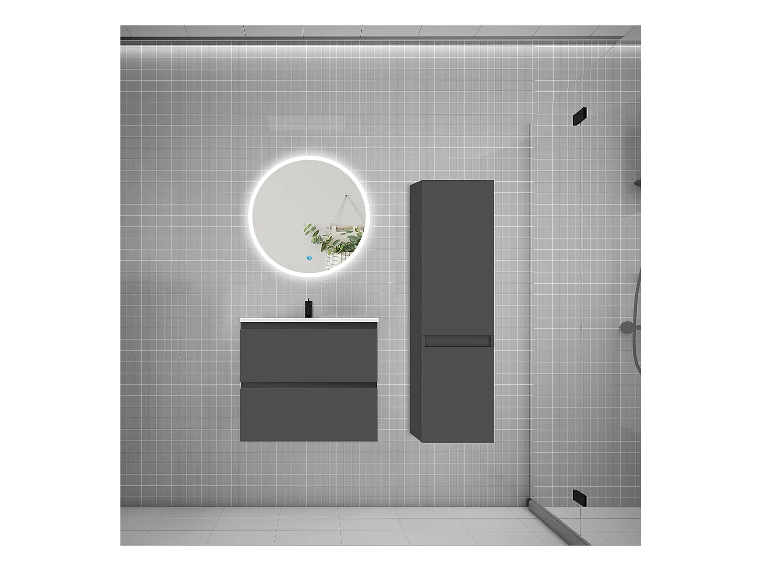 AICA Ensemble meuble de salle de bain Vasque L.60cm 2 tiroirs + lavabo + LED Miroir Rond 60cm + Colonne, Anthracite
