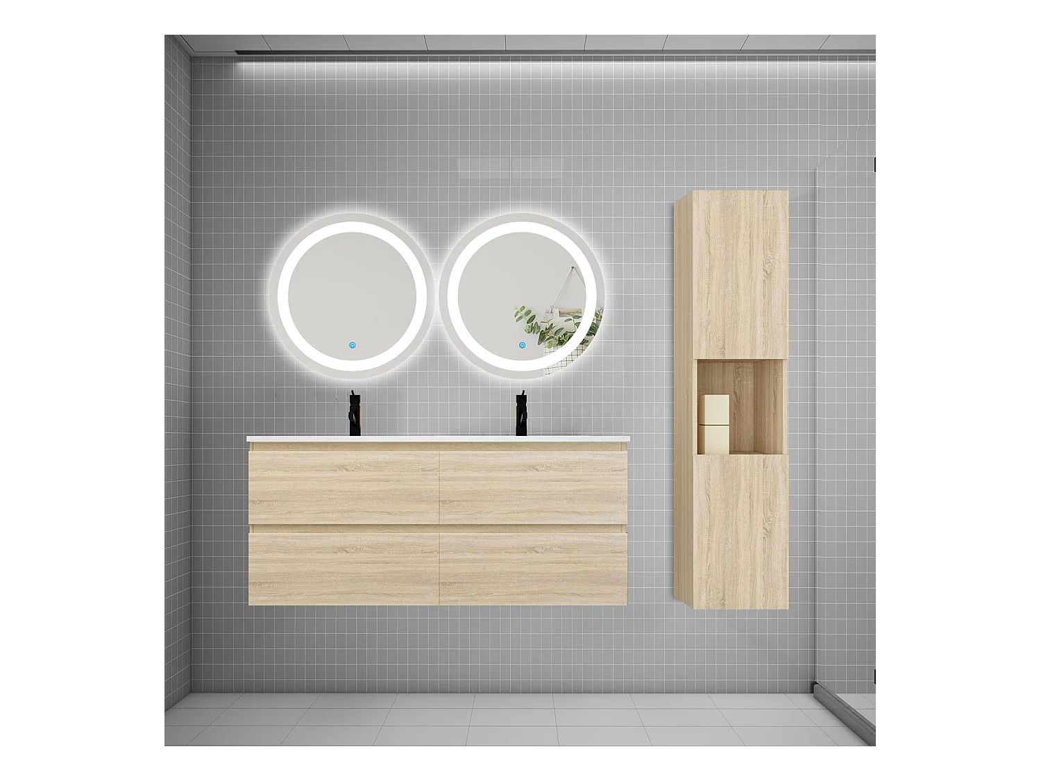 AICA Ensemble meuble de salle de bain double Vasque 120cm + 4 tiroirs + lavabo + 2*LED Miroirs Rond 60cm + Colonne, Chêne