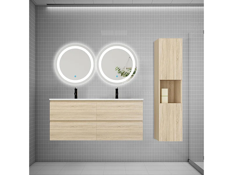 AICA Ensemble meuble double vasque L.120cm 4 tiroirs + lavabo + 2*LED miroirs rond 60cm + colonne C,chêne,easy