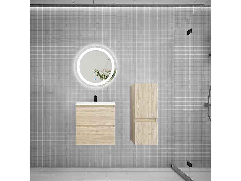 AICA Ensemble meuble de salle de bain Vasque 50cm avec 2 tiroirs + lavabo + LED Miroir Rond 60cm + Colonne, Chêne
