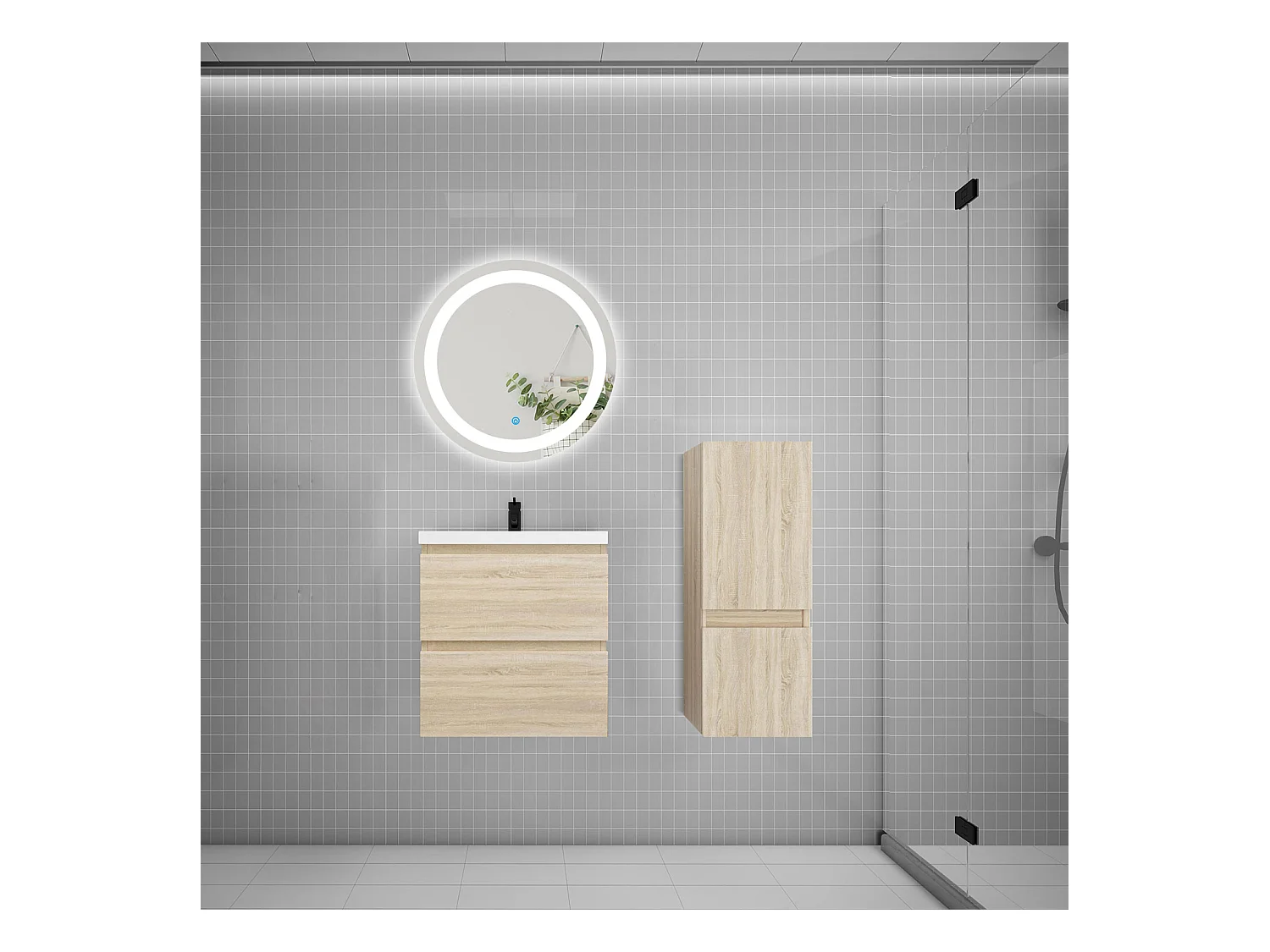 AICA Ensemble meuble de salle de bain Vasque 50cm avec 2 tiroirs + lavabo + LED Miroir Rond 60cm + Colonne, Chêne