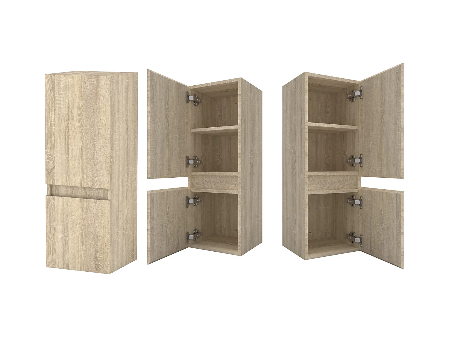 AICA Ensemble meuble de salle de bain Vasque 50cm avec 2 tiroirs + lavabo + LED Miroir Rond 60cm + Colonne, Chêne