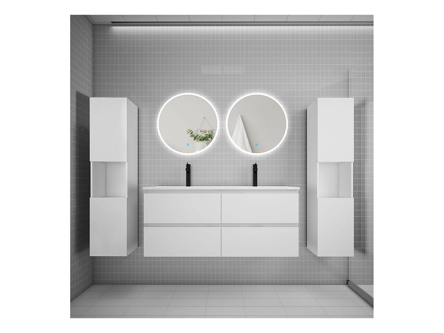 AICA Ensemble meuble de salle de bain double Vasque L.120cm 4 tiroirs + lavabo + 2*LED Miroirs Rond 60cm + 2*Colonne,Blanc