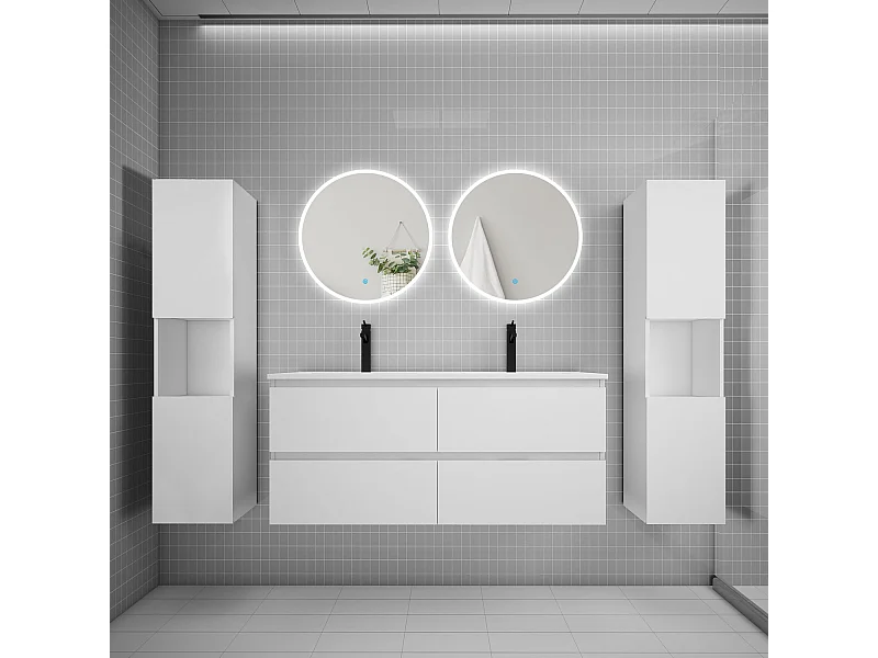 Ensemble meuble double vasque L.120cm 4 tiroirs + lavabo + 2*LED miroirs rond 60cm + 2*colonne,blanc A