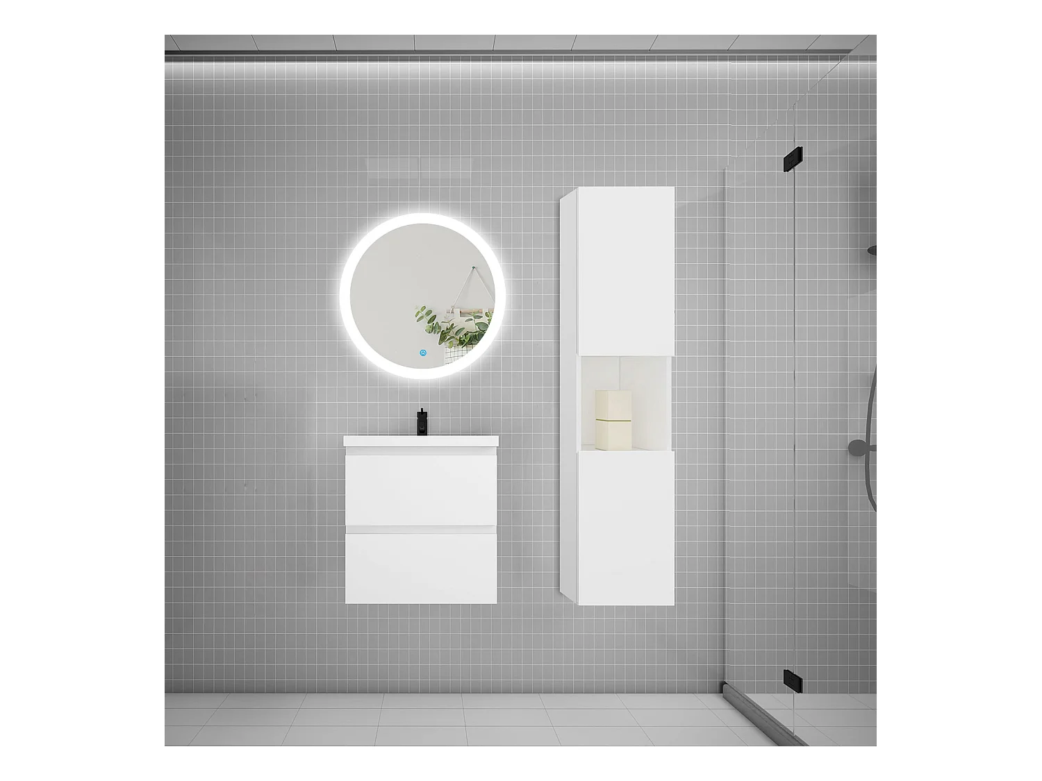 AICA Ensemble meuble de salle de bain Vasque L.50cm 2 tiroirs + lavabo + LED Miroir Rond 60cm + Colonne,Chêne