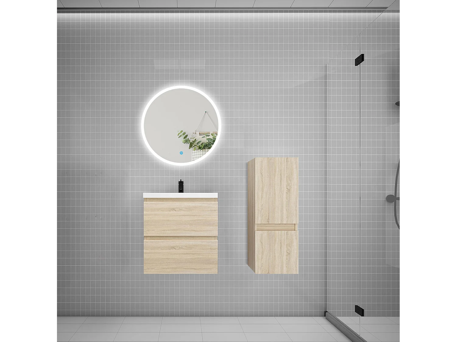 Ensemble meuble vasque L.50cm 2 tiroirs + lavabo + LED miroir rond 60cm + colonne,chêne