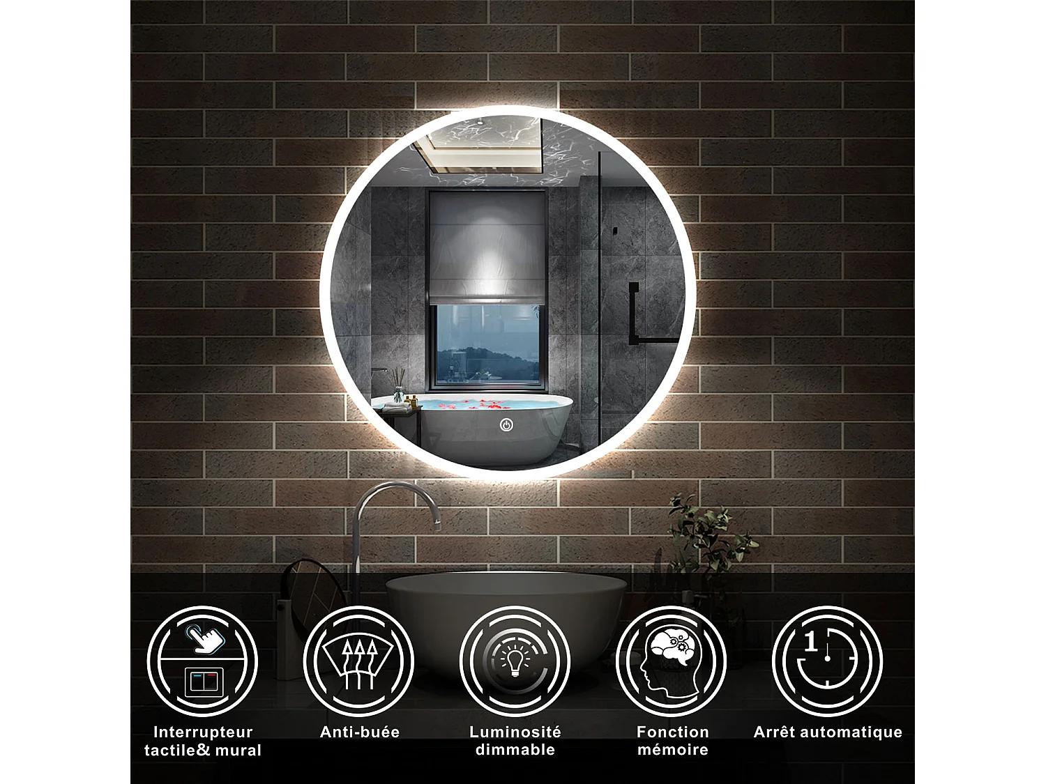 Ensemble meuble vasque L.50cm 2 tiroirs + lavabo + LED miroir rond 60cm + colonne,chêne