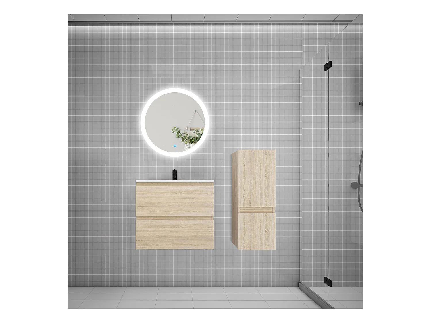 AICA Ensemble meuble de salle de bain Vasque 60cm avec 2 tiroirs + lavabo + LED Miroir Rond 60cm + Colonne, Chêne